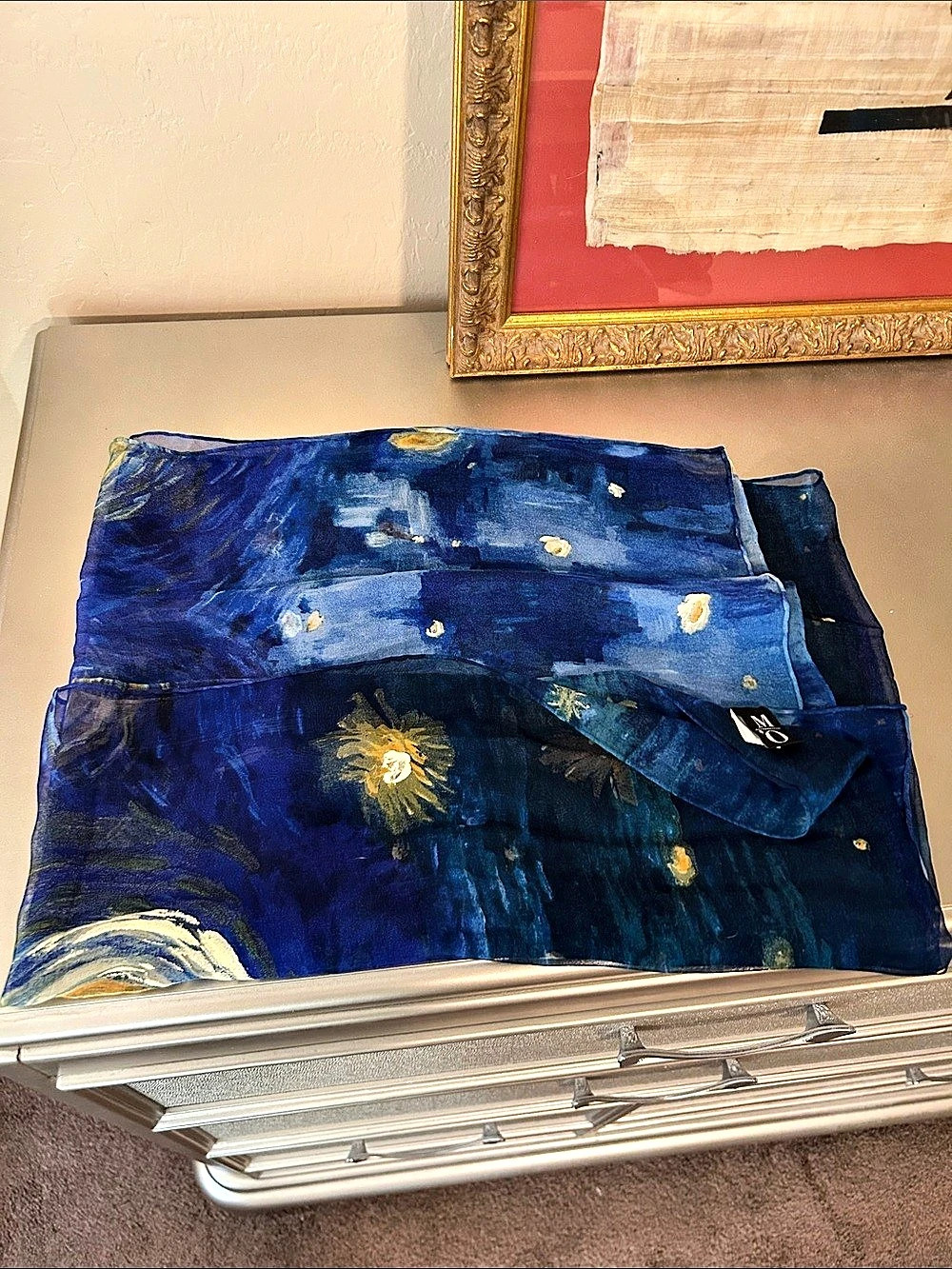 Moa Collection Silk Abstract Scarf in Blue & Gold Like New